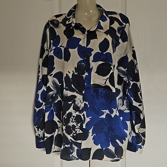Zara Floral Button-Down Long Sleeves Shirt Large Royal Blue & White - Picture 2 of 16